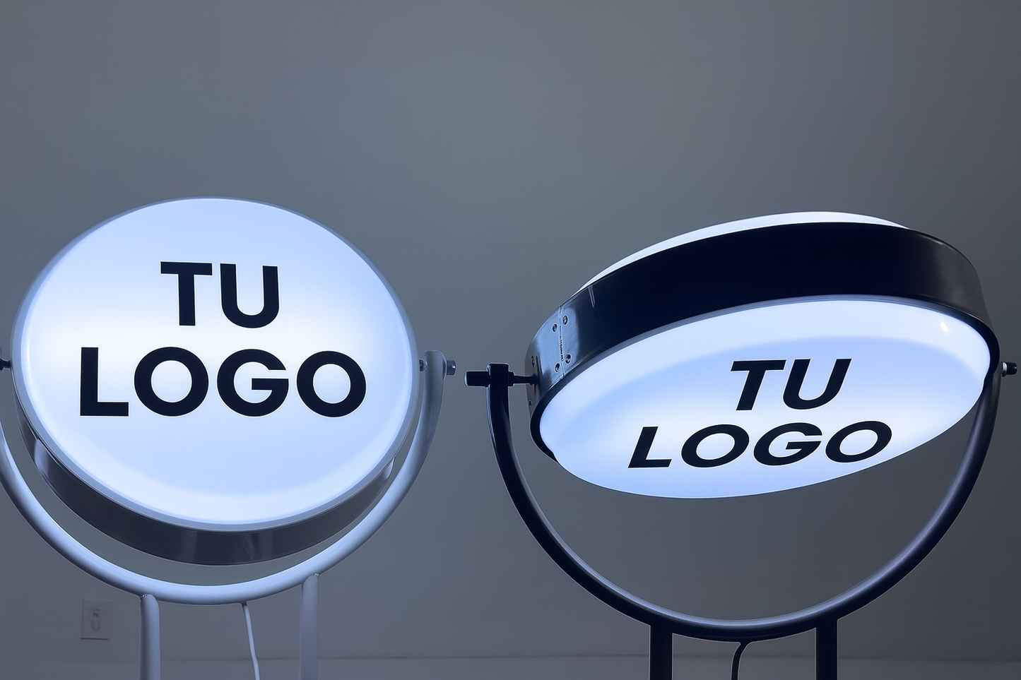 Caja de luz circular giratoria 2 vistas/ retroiluminado con logo en impresión o corte de vinyl