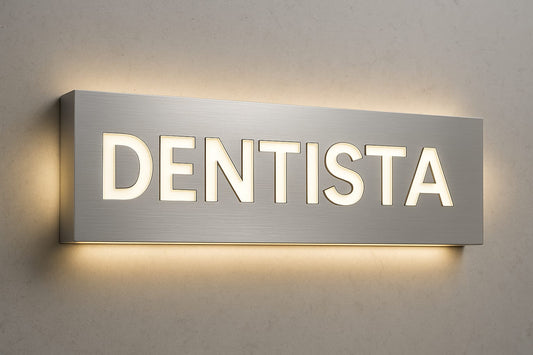 LETRERO EN ALUMINIO NATURAL 3D RETROILUMINADO CON DETALLES EN ACRILICO 1.20X20 CMS