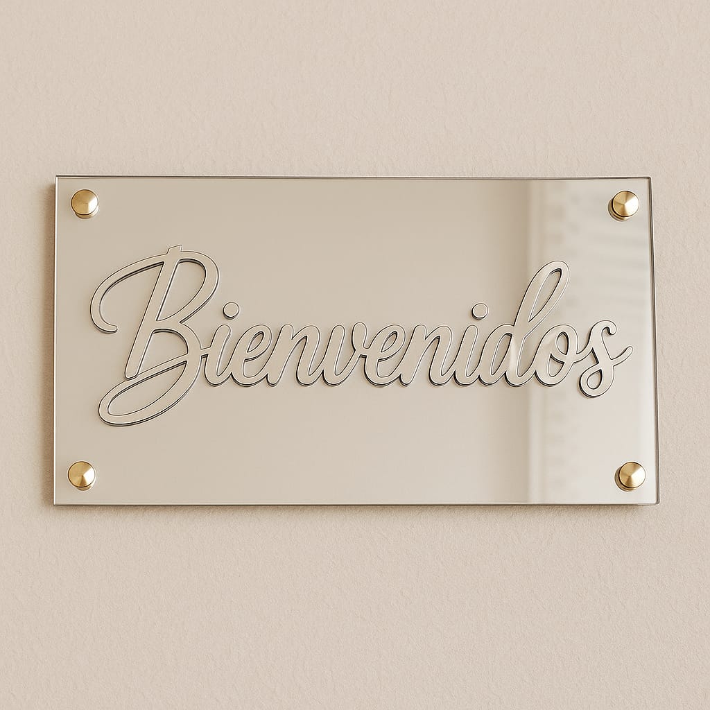 PLACA DE BIENVENIDA EN ACRILICO ESPEJO PREMIUM