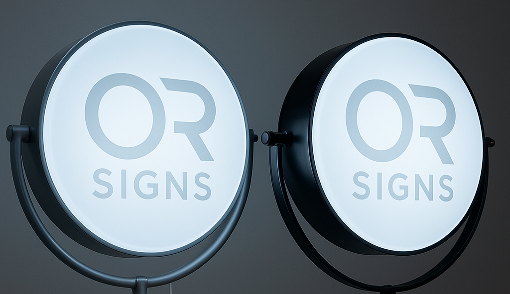 Caja de luz circular giratoria 2 vistas/ retroiluminado con logo en impresión o corte de vinyl