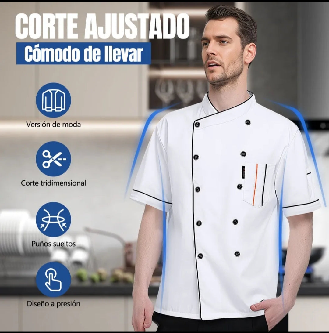 Filipina de Chef Negra- Blanca Profesional con gorro – Unisex | Manga Corta | Cocina y Restaurante Personalizada dtf